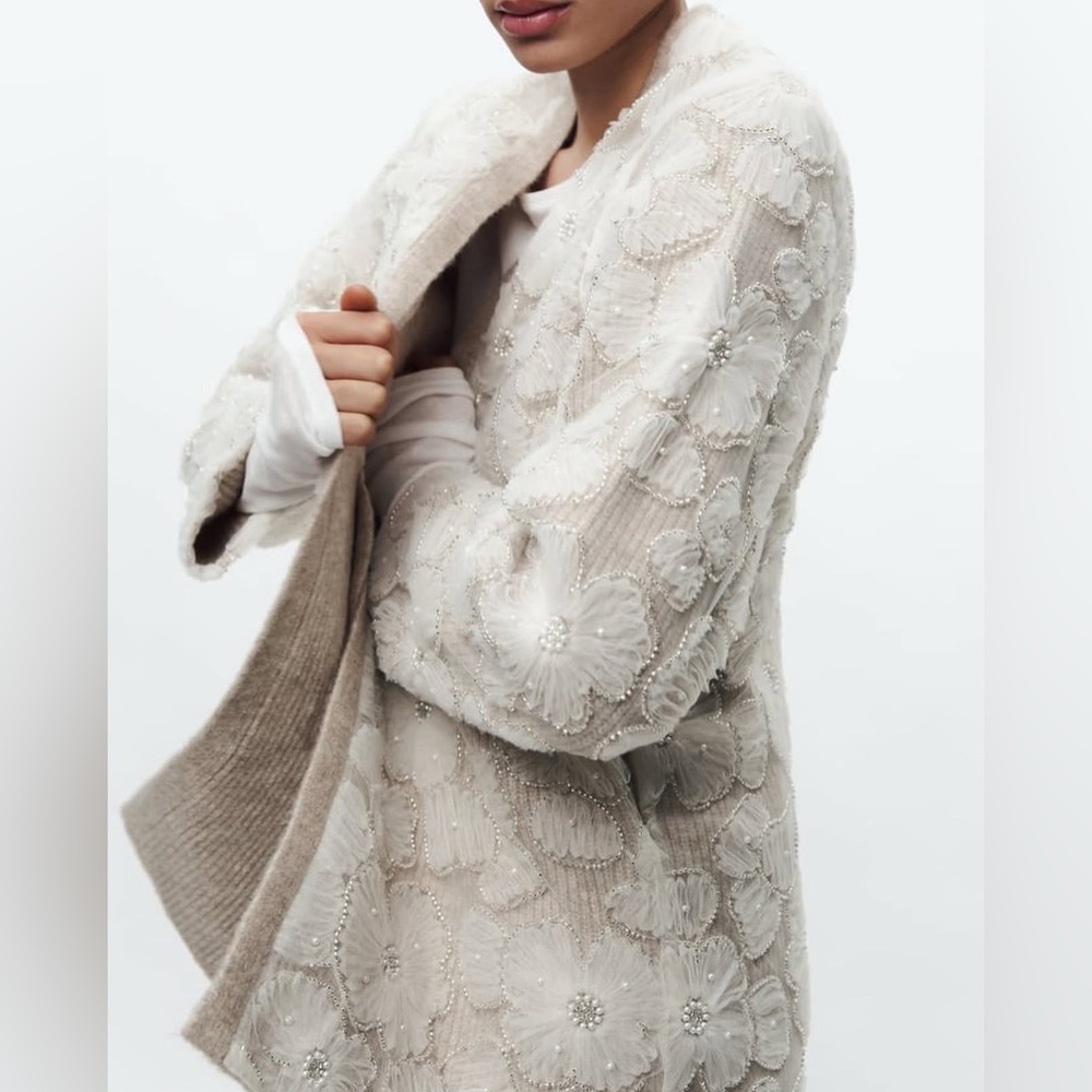 ZARA Floral Pearl Embellished Knit Cardigan – Beige / Cream